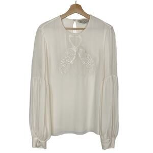 Sachin & Babi Ivory Silk Blouse Women’s 12 Embroidered Peacock Long Sleeve‎ Top